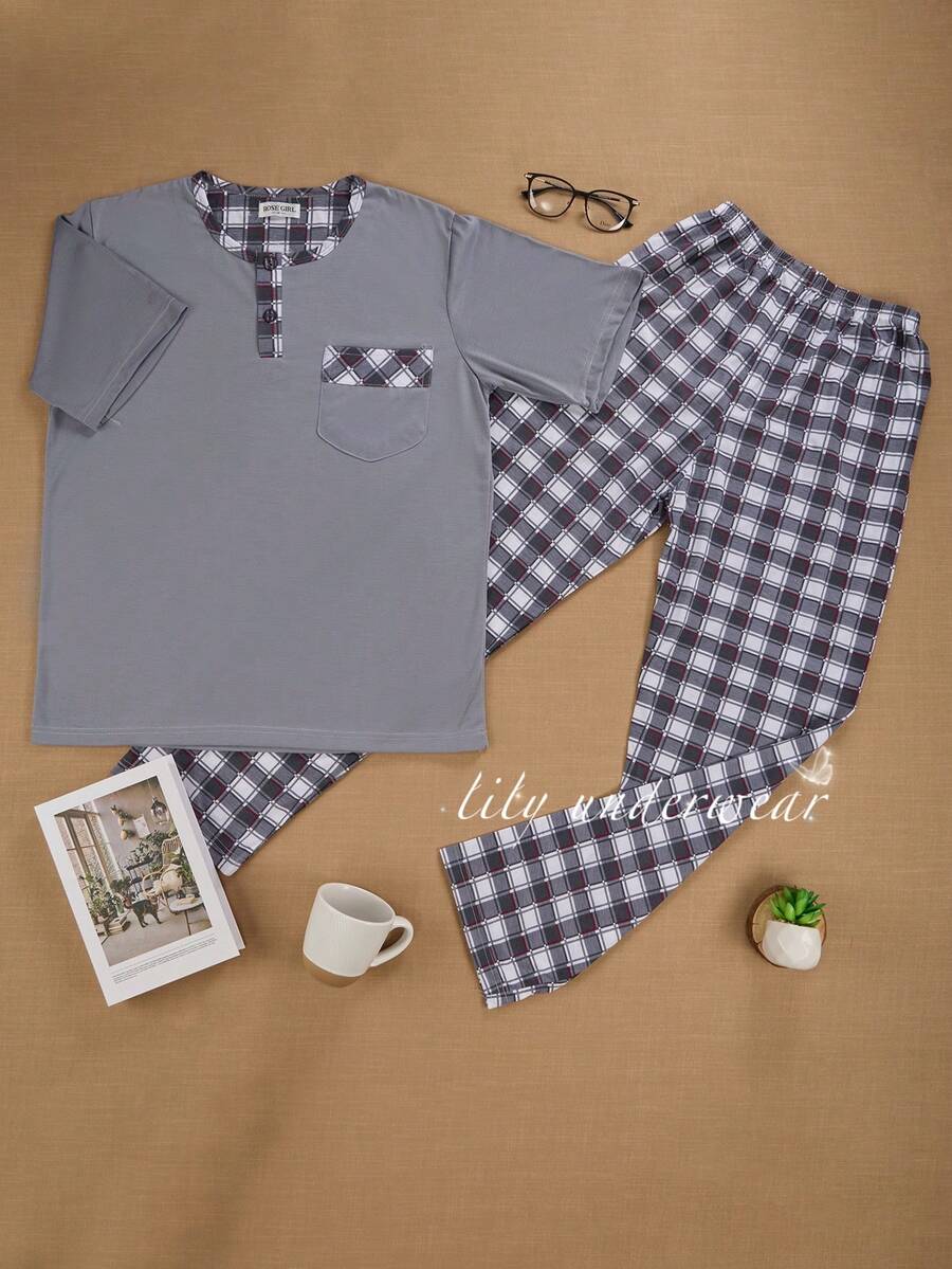 PIJAMA DE CABALLERO MANGA CORTA ESTAMPADO A CUADROS 100% ALGODON - Gris Claro - Ver 1