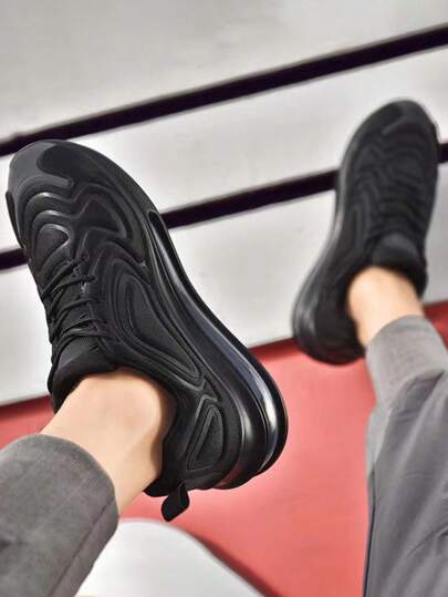 Los hombres de la moda negro de punta redonda de encaje hasta zapatillas de deporte de la PU, cómodo antideslizante amortiguación de aire zapatillas de tenis, zapatillas de deporte casual de los hombres para el deporte, el trabajo y todos los días