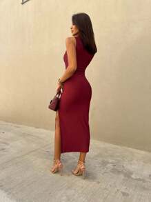 MILITARY GREEN MARSALA MIDI DRESS WITH SIDE SLIT - 紅木色 - 查看 2