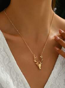 1pc Elegant Deer Head & Antler Simple Necklace - Yellow Gold - View 1