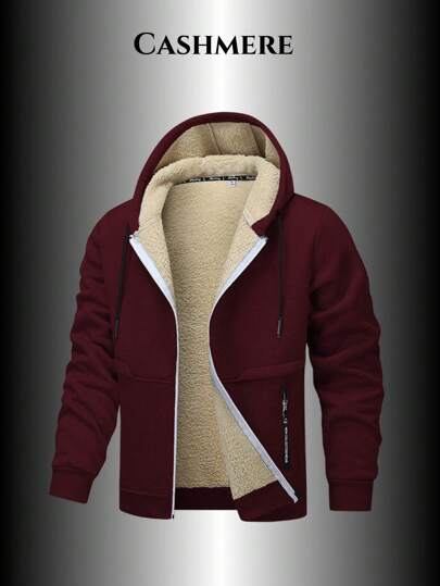 1 件男士连帽羊毛运动衫夹克，厚实保暖运动衫运动服休闲户外上衣