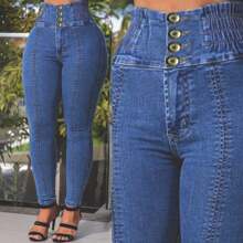MMS-CLARINHA Jeans With Elastic Waist And Basket On The Bum Different Color Models - Màu xanh Cadet - Xem 5