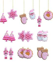 6 件圣诞树饰品 PVC 粉色圣诞胡桃夹子圣诞老人雪花饰品圣诞饰品生日派对装饰工艺品节日圣诞树派对（可爱风格），圣诞节 - 粉色 - 查看 2