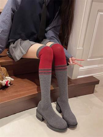 New Arrival Women's Fashion Gray Elastic Sock Boots Stretch Knitted Over-The-Knee Long Boots, Fall/Winter
