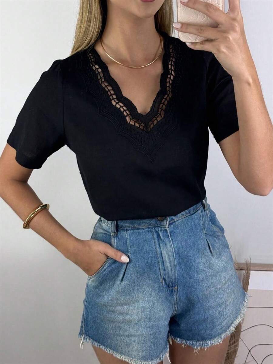 Women's Embroidered Linen Blouse FL-72343 - 黑色 - 查看 1