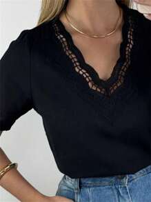 Women's Embroidered Linen Blouse FL-72343 - 黑色 - 查看 2