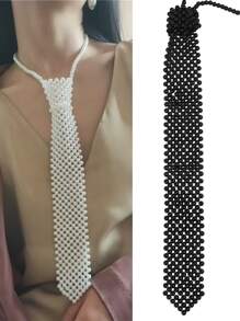 A Handmade Pearl Tie With Elegant Retro College Style For  Girls. Heavy-Duty Beaded, All-Match Fashion Item. A Hollowed-Out Woven Tie That Can Be Matched With Shirts, JK Uniforms And Suits. Suitable For Occasions Such As Campus Dances And Activity Parties. - Multicolor - View 2