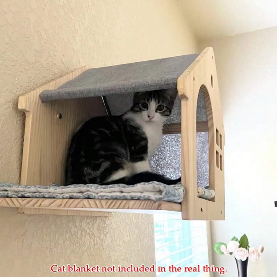 1 Piece Cat Wall Shelf Wooden Cottage, Sturdy Cat House And Perch, Cat Wall Furniture For Sleeping, Playing And Climbing, Can Be Used As A Floor To Ceiling Cat House, Maximum Weight Capacity 12kg (26lb) - gừng - Xem 1