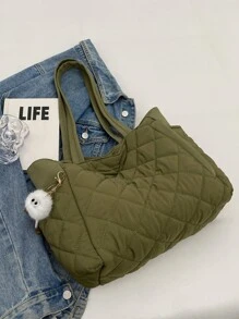 New Fashion Large Capacity Diamond Grid Dual Handle Shoulder Tote Bag, Lightweight And Easy To Carry, Women's Wallet, Suitable For Summer Outdoor Travel, Decorated With Animal Pendant, Essential Travel Backpack - Green - View 5