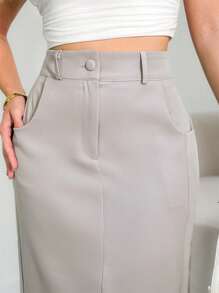 Long Monochromatic Tailored Skirt With Side Pockets And Zipper And Button Details/DD063 - Light Grey - View 4