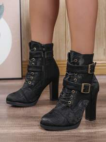 Women's Autumn/Winter New High-End Elegant European/American Style Lace-Up Zipper  Boots. Women's High-Quality Comfortable All-Match Chunky Heel Waterproof Platform Fashion Ankle Boots