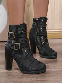 Women's Autumn/Winter New High-End Elegant European/American Style Lace-Up Zipper  Boots. Women's High-Quality Comfortable All-Match Chunky Heel Waterproof Platform Fashion Ankle Boots