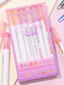 1 Box Of 6pcs Creative Dual-Tip Magic Color Changing Fluorescent Highlighter Pens For Students To Color And Doodle, Color Changing Dual-Tip Overlay - Multicolor - View 6