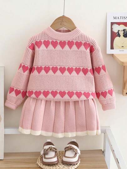 2pcs/Set Girls Heart Pattern Knitted Sweater And Skirt Set, Autumn Winter New Young Girl Clothes