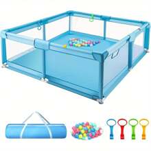 Baby Playpen For Babies And Toddlers With Mesh Walls, Ocean Balls & Pull Rings Included, For Indoor & Outdoor Use, Toddler Fence - Breathable Mesh, Extra Large Play Yard - Blue - View 1