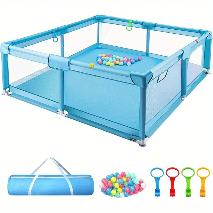 Baby Playpen For Babies And Toddlers With Mesh Walls, Ocean Balls & Pull Rings Included, For Indoor & Outdoor Use, Toddler Fence - Breathable Mesh, Extra Large Play Yard - Blue - View 1