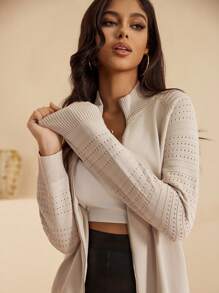 AAmilife Áo len cardigan dệt kim nửa cổ lọ màu trơn đơn giản dành cho nữ - Màu be - Xem 5