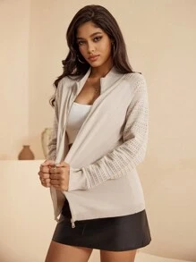 AAmilife Áo len cardigan dệt kim nửa cổ lọ màu trơn đơn giản dành cho nữ - Màu be - Xem 4