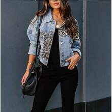 European And American Fashion Autumn And Winter Women's Long Sleeves Leopard Print Patchwork Denim Jacket - 藍色 - 查看 3