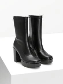 Women's Chunky Platform Mid-Calf Boots Waterproof Square Toe Fashionable Lightweight Comfort Elegant Bright Solid Color Side Zipper Classic For Parties Dress Festival Ankle Go Go BLack Boots - 黑色/PU - 查看 8