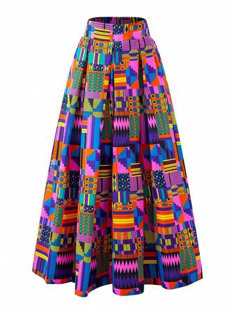 African Kente Print Wax Long Skirt For Women