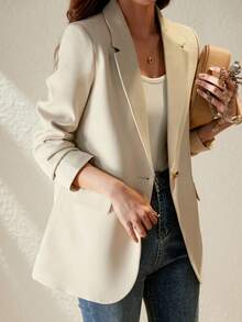 Áo khoác Blazer màu mơ cho nữ, thời trang Hàn Quốc, bộ vest cao cấp thường ngày, hàng mới về mùa xuân thu 2025 - Màu be - Xem 5