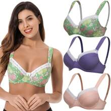 Women's Plus Size Underwired Unlined Balconette Cotton Bra - 淺粉紅色,紫色,印花綠色(3件裝) - 查看 6