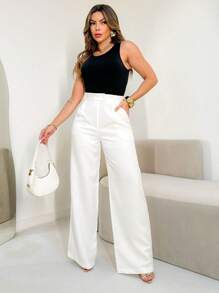 SHEIN EMILI Women's Tailored Wide Leg Trousers With Italian Crossover Zip Detail - 白色 - 查看 2