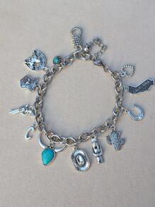 1 件西式吊坠手链、1 件西式帽子马蹄仙人掌手链、1 件西部牛仔风格闪电地图手链、1 件西式绿松石手链