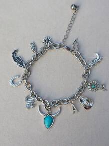 1 件西式吊坠手链、1 件西式帽子马蹄仙人掌手链、1 件西部牛仔风格闪电地图手链、1 件西式绿松石手链