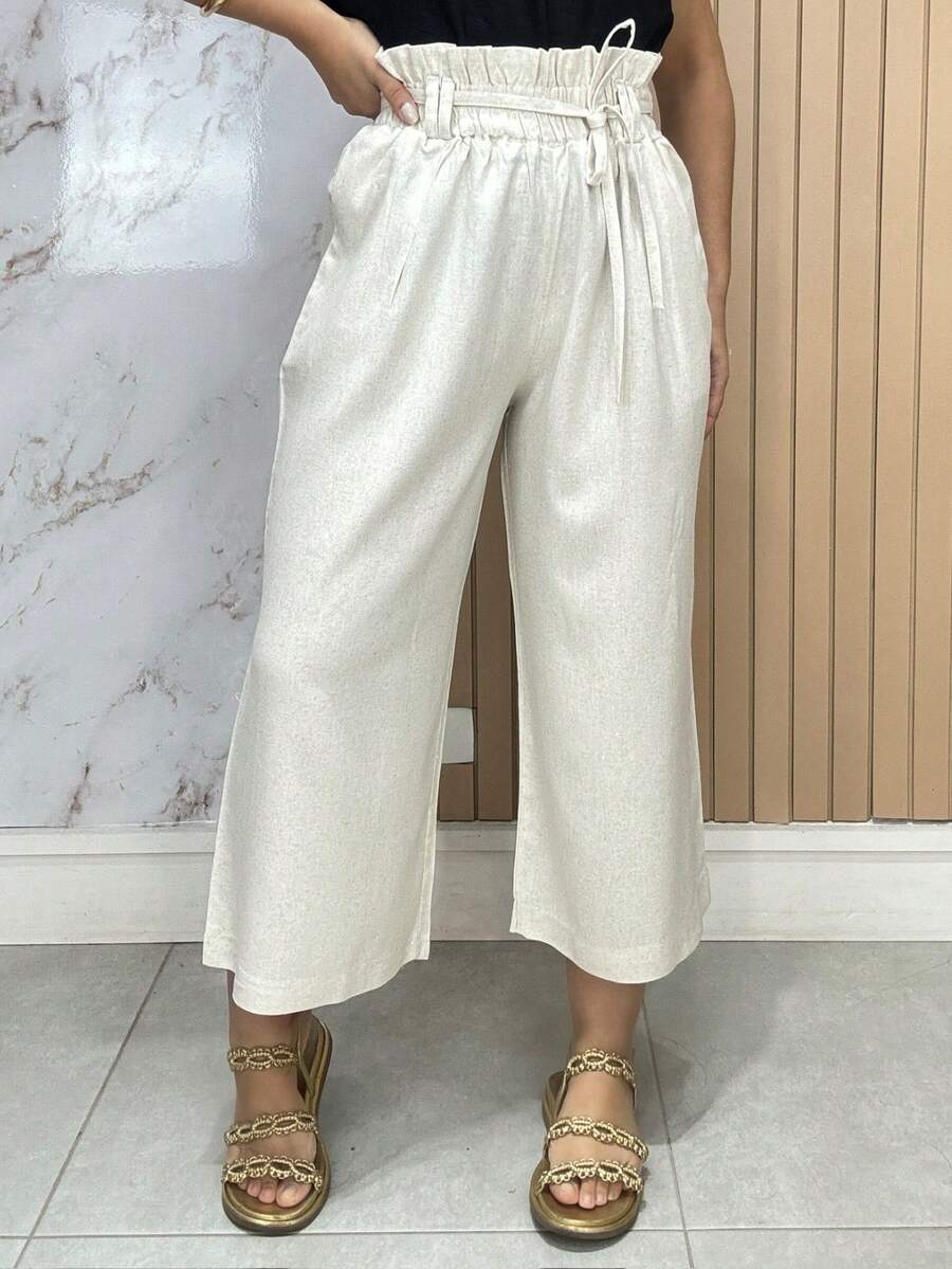 Women's Linen Capri Midi Elastic Clochard Pocket Wide Leg Flare High Waist Casual Pantacourt Pants - 米色 - 查看 1