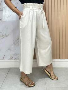 Women's Linen Capri Midi Elastic Clochard Pocket Wide Leg Flare High Waist Casual Pantacourt Pants - 米色 - 查看 4