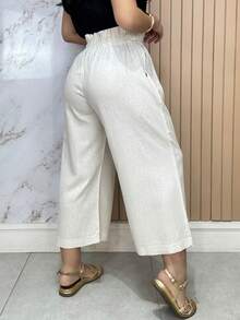 Women's Linen Capri Midi Elastic Clochard Pocket Wide Leg Flare High Waist Casual Pantacourt Pants - 米色 - 查看 2