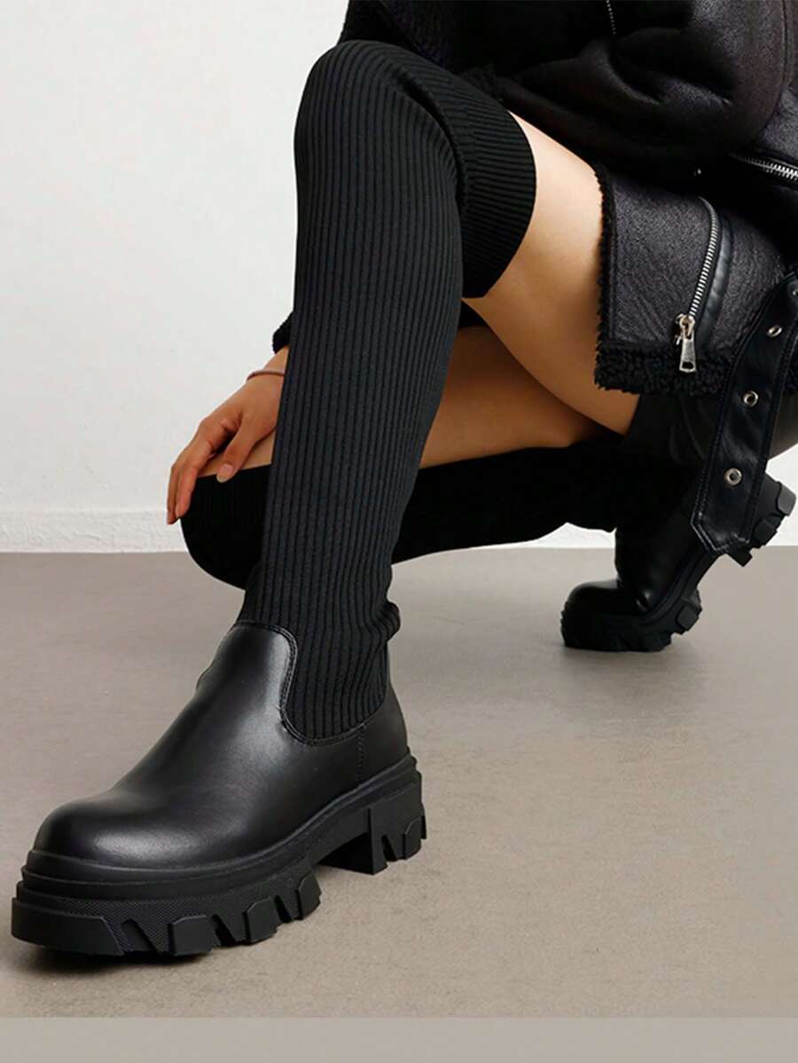 Women Minimalist Panel Design Knit Over The Knee Boots Fashion Lug Sole Comfortable Stretch Warm Sock Boots For Autumn Winter Christmas Wearing - 黑色 - 查看 1