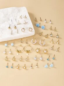 30 对/套优雅金属仿珍珠花朵、心形和蝴蝶结耳钉女士礼品套装 - 金黃色 - 查看 2
