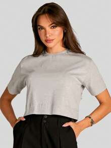 Camiseta Básica De Algodão Decote T-Shirt Redondo Cropped Malha Penteada Lisa - Cinza - Visão 1