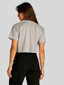 Camiseta Básica De Algodão Decote T-Shirt Redondo Cropped Malha Penteada Lisa - Cinza - Visão 2