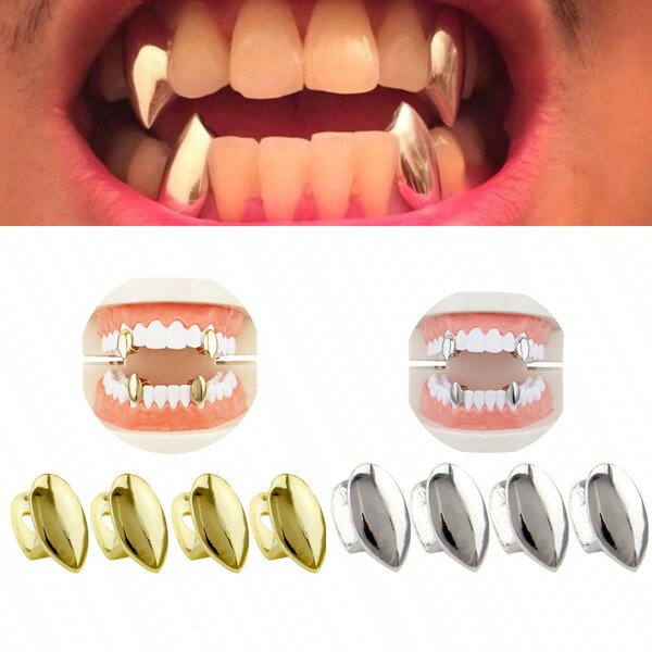 4pcs/Set Classic Fashion Water Drop Tooth Grillz Set - 18K Gold Plated Dental Grillz, Unisex Hip Hop Rapper Jewelry Accessories Halloween