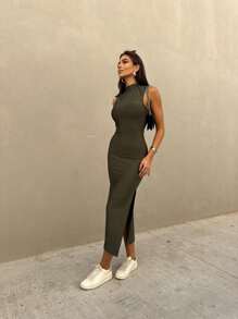 BASIC MILITARY GREEN MIDI DRESS WITH SIDE SLIT - 軍綠色 - 查看 2