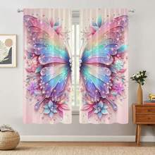 2pcs Elegant Colorful Butterfly Pattern Curtains, Pink Background Blackout Curtains, Door Curtain, Rod Pocket Window Curtain - Beautiful Home Decoration For Living Room And Bedroom - Easy To Install And Maintain Gifts Birthday Graduation