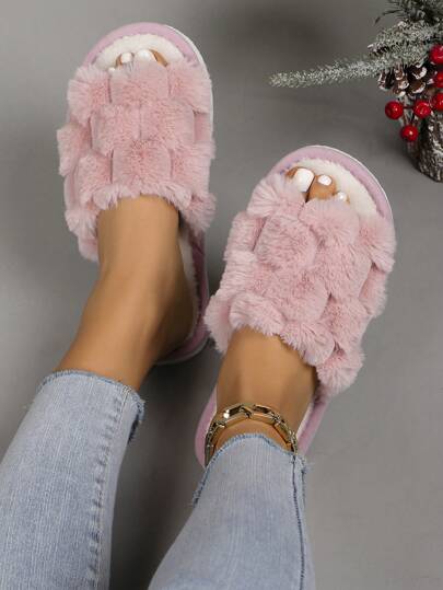 Fluffy Slip-On Slippers For Women, Comfortable Open-Toe House Shoes For All Seasons