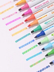 1 Box Of 6pcs Creative Dual-Tip Magic Color Changing Fluorescent Highlighter Pens For Students To Color And Doodle, Color Changing Dual-Tip Overlay - Multicolor - View 3