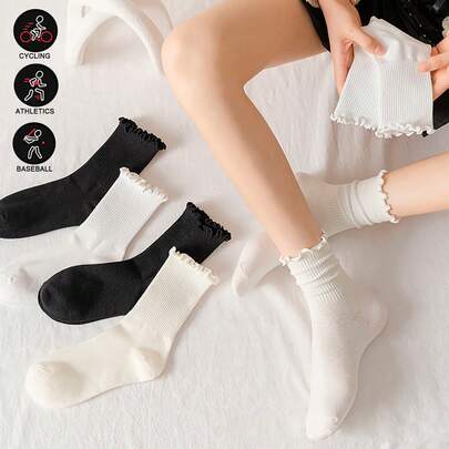 1 件荷叶边袜子，JK 风格三色洛丽塔荷叶边袜子，JK 袜子，百搭中筒袜，秋冬季纯色袜子，日式蕾丝中筒袜