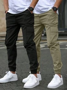 2pcs Set Men Spring&Autumn Multiple Pocket Cargo Pants, Streetwear Hip Hop Solid Color Drawstring Casual 3/4 Pants