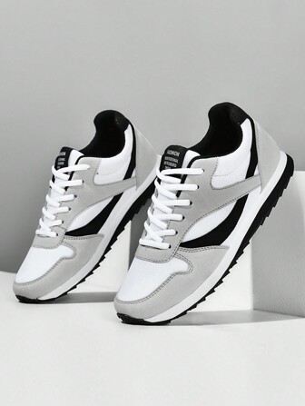 青少年男女运动鞋，时尚拼布休闲鞋，经典复古鞋，轻便透气跑鞋，舒适防滑训练鞋，学生白/黑色运动鞋