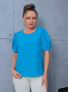 Women's Blouse With Round Neck And Button And Puff Sleeves - 藍色 - 查看 4