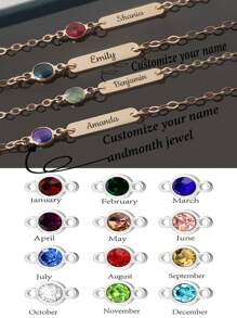 1 件个性化可调节吊饰姓名手链，带诞生石，适合个性化出生孩子姓名手链，诞生石手链，适合女儿、儿子或家庭生日身份礼物，带礼盒