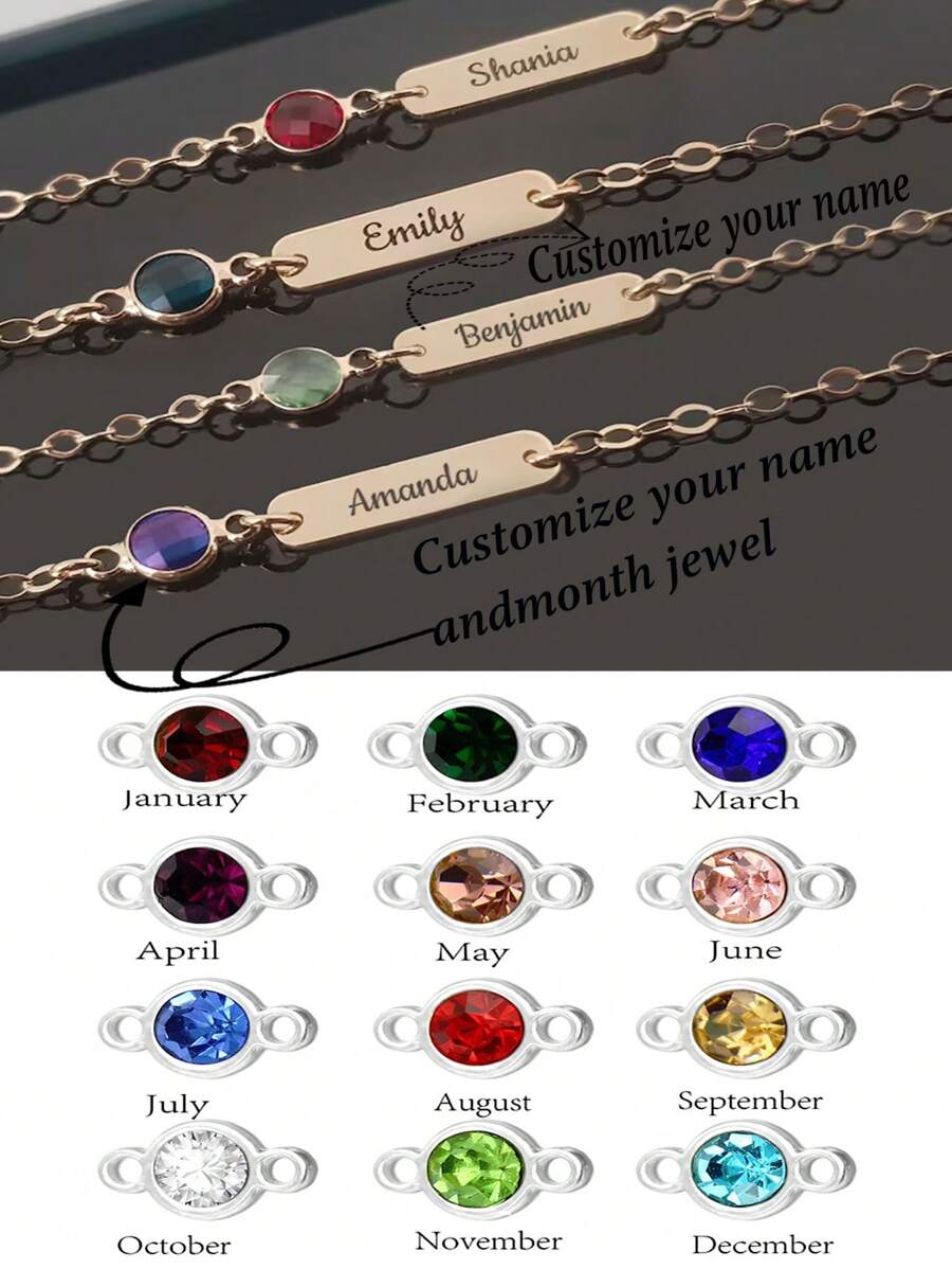 1 件个性化可调节吊饰姓名手链，带诞生石，适合个性化出生孩子姓名手链，诞生石手链，适合女儿、儿子或家庭生日身份礼物，带礼盒