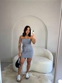 Women's Set With Skirt And Adjustable Strapless Blouse - Xám - Xem 2