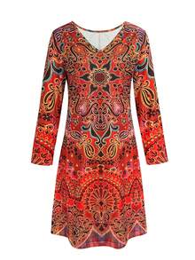 New Retro Casual & Elegant Women Long Dress, Fall/Winter - Red - View 5